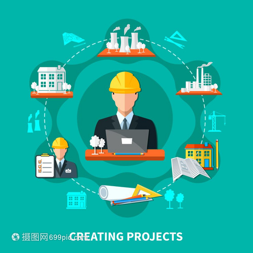 項目創(chuàng)建圈成工程圓形成平工廠工業(yè)圖標繪制工具待辦列表建筑圖像矢量插圖